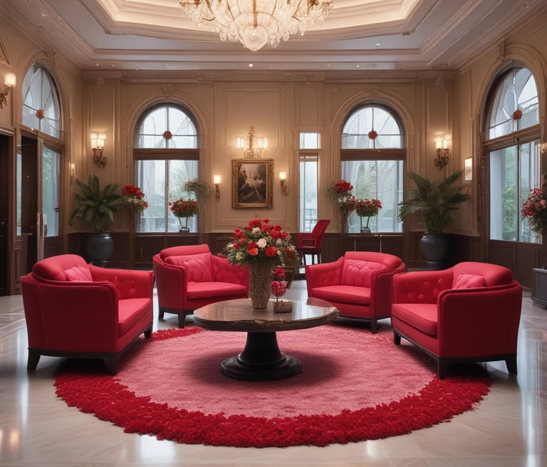 A cozy, candlelit room with a plush bed and rose petals scattered, evoking a romantic getaway.