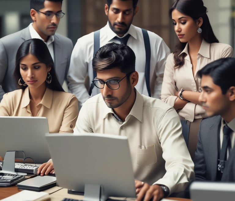 A professional team collaborating over recruitment data and candidate profiles in a modern office.