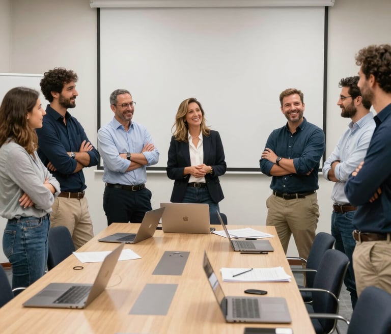 A sleek, modern workspace with professionals collaborating over laptops and coffee.