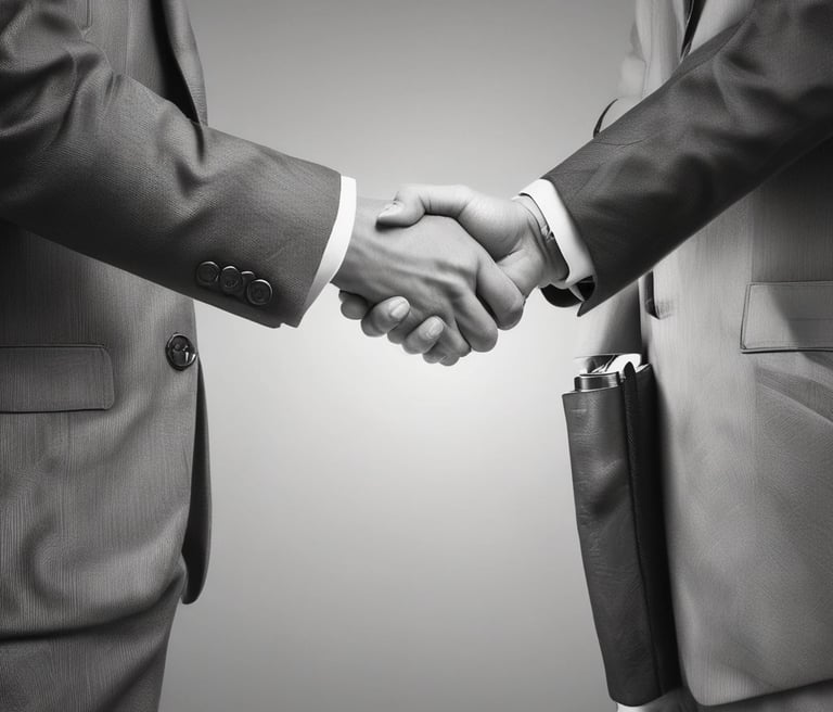 A friendly handshake between two business partners in a modern office setting.