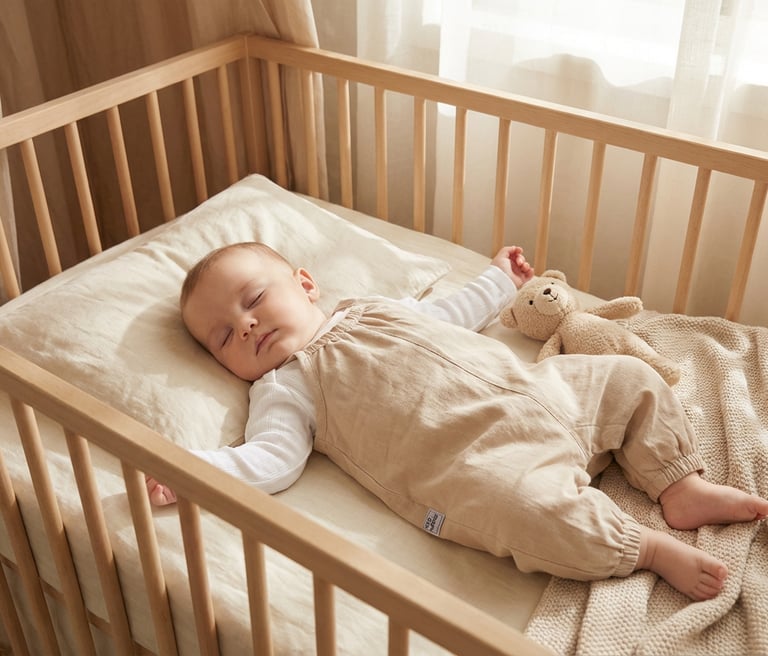 A newborn baby sleeping peacefully in a wooden crib with a plush teddy bear.