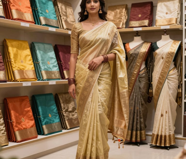 A vibrant display of colorful designer sarees neatly arranged inside the cozy Rasm Sarees shop.