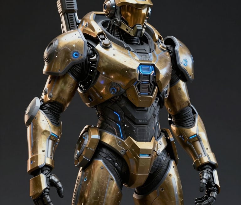 A battle-worn soldier in iron-grey armor stands vigilant on a dark asteroid base, illuminated by amber glows and distant stars.