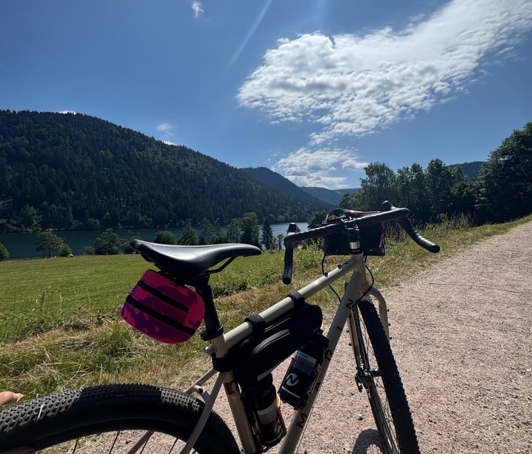 Gravel bike with bikepacking bags parked on a scenic trail overlooking a lake and mountains.