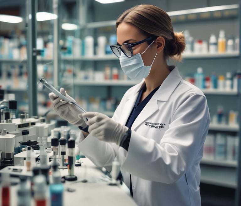 Close-up of a glowing peptide molecular structure with neon blue and teal highlights against a dark laboratory background.
