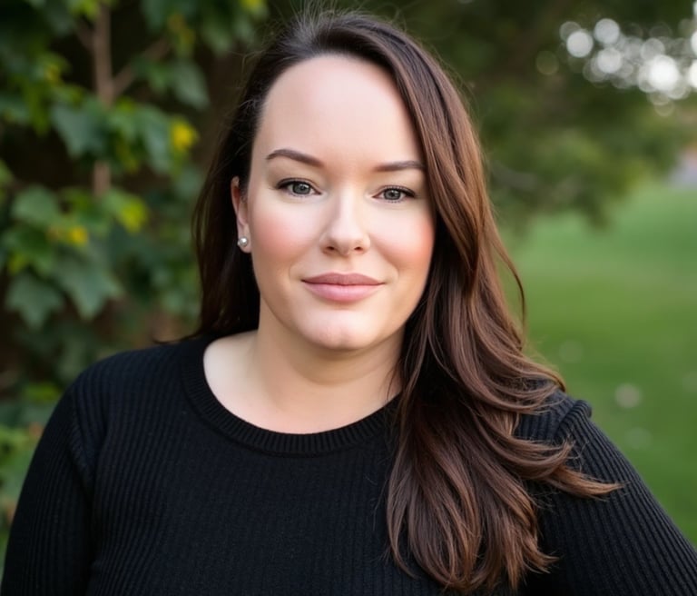 Stephanie Gee outside with green leaves in the background