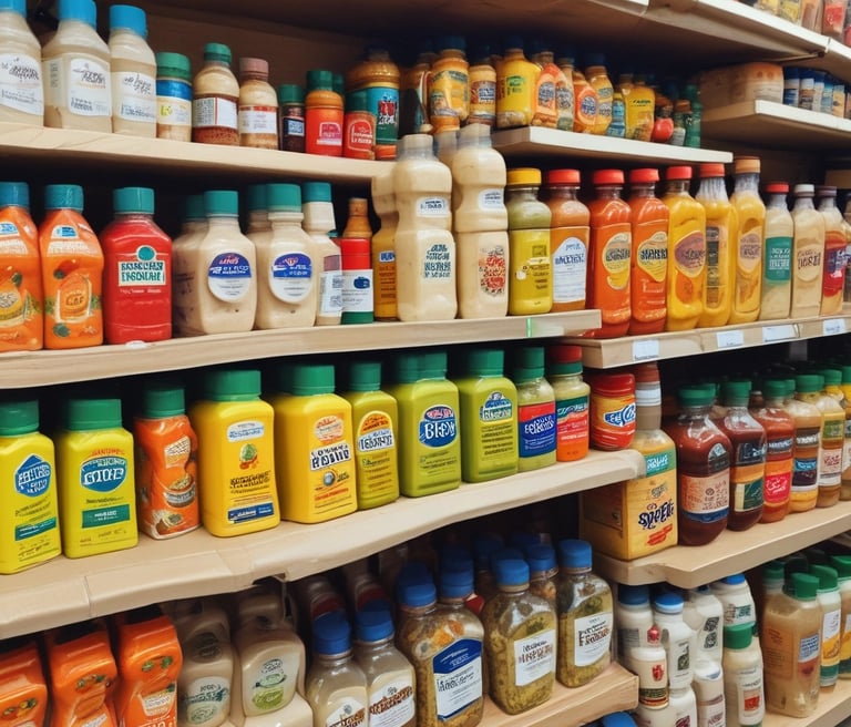 A bright, clean display of Ajab baking flour, Mahamud rice, and Rinsun oil neatly arranged on a modern kitchen counter.