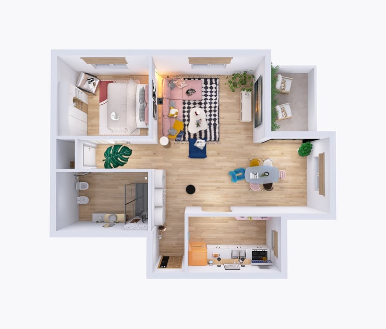 Planta arquitectónica 3D de departamento moderno con diseño de interiores a medida.