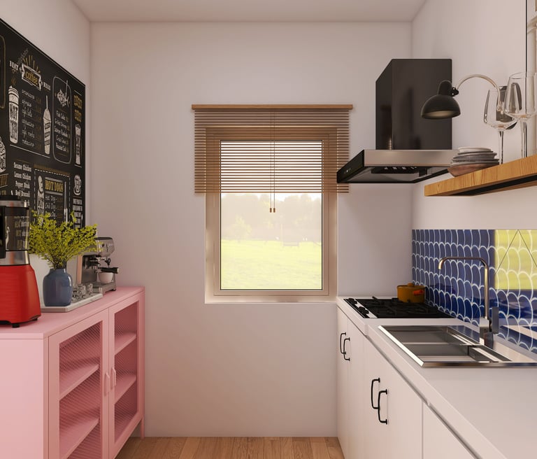 Rinde de cocina moderna con backsplash azul, estanterías de madera y detalles en rosa.