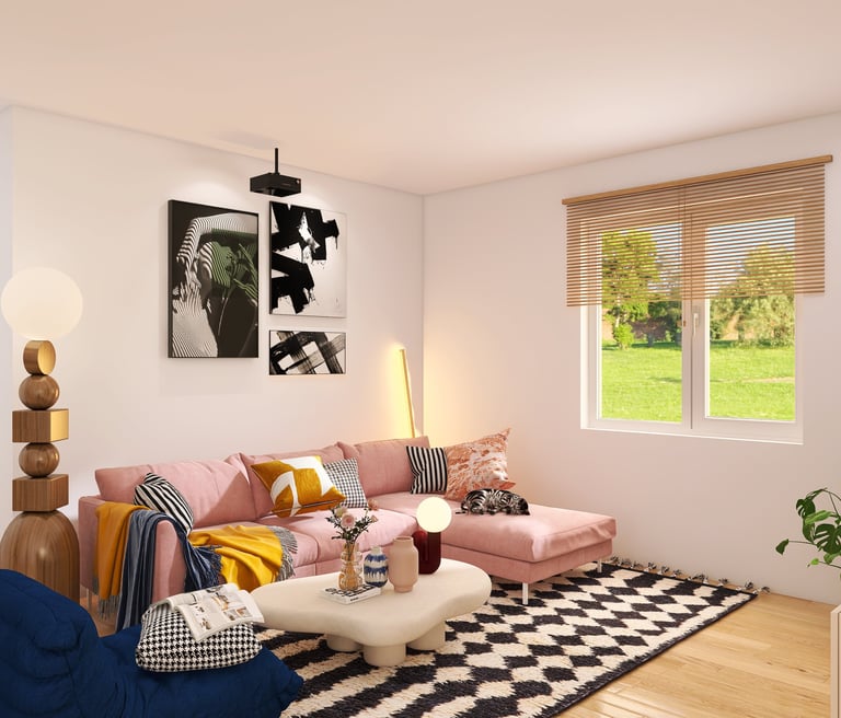 Diseño de sala de estar moderna con sofá rosa, alfombra geométrica y detalles decorativos amarillos.