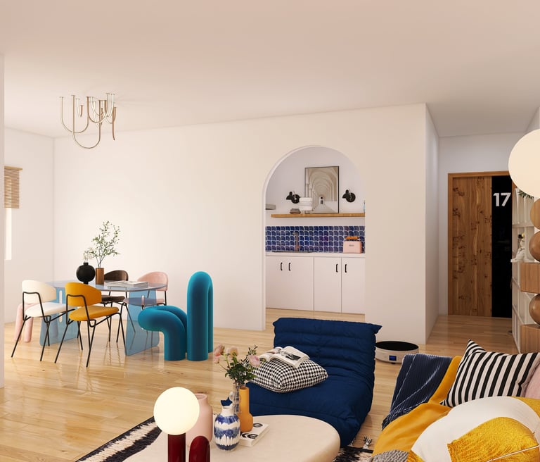 Vista de comedor y sala integrados con mobiliario de diseño vanguardista y arco de paso.