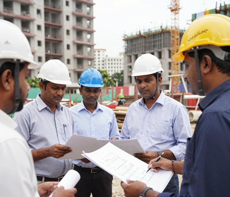 Professional team meeting in a modern office discussing redevelopment plans with legal documents and blueprints.