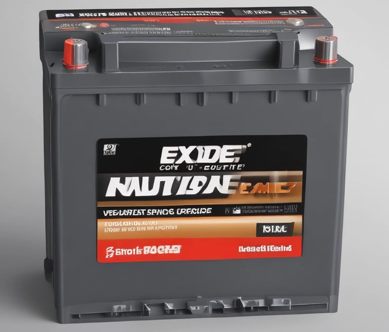 A close-up of various car and motorcycle batteries neatly arranged on store shelves, showcasing brand labels.