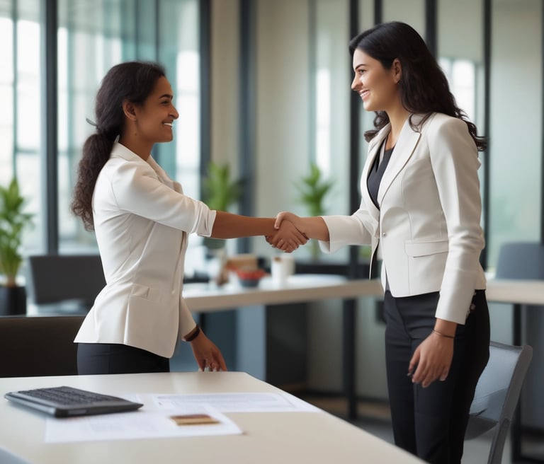 A friendly mortgage advisor discussing loan options with a young couple in a bright, modern office.