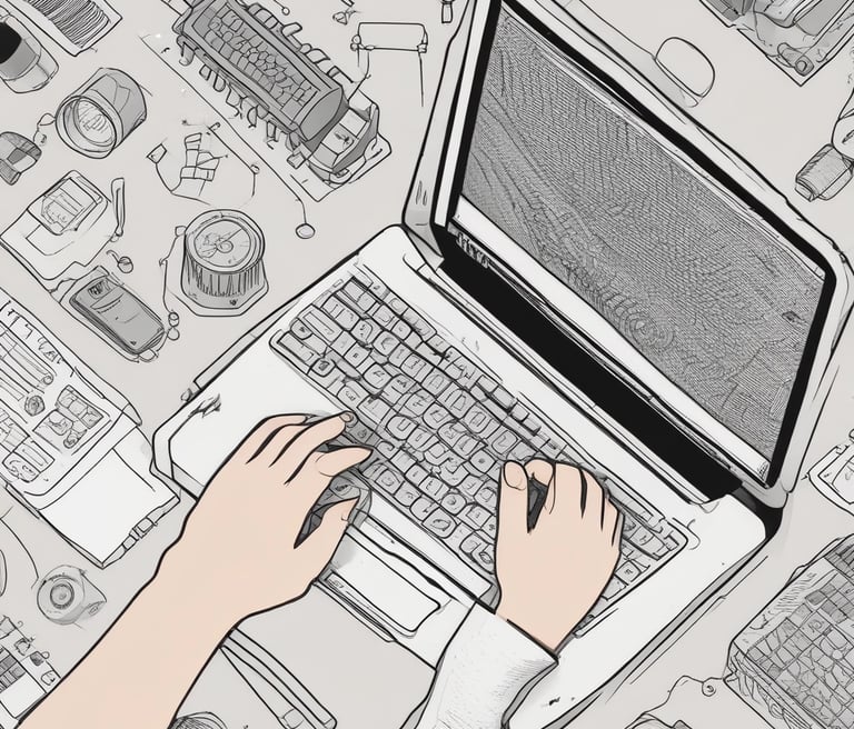 A friendly professional working remotely on a laptop with website code and design sketches visible.