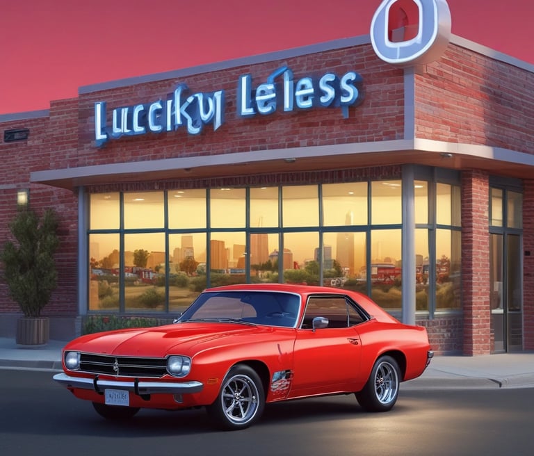A friendly sales team welcoming customers at the Lucky Car 4 Less lot in Fayetteville, with rows of inspected used cars in the background.