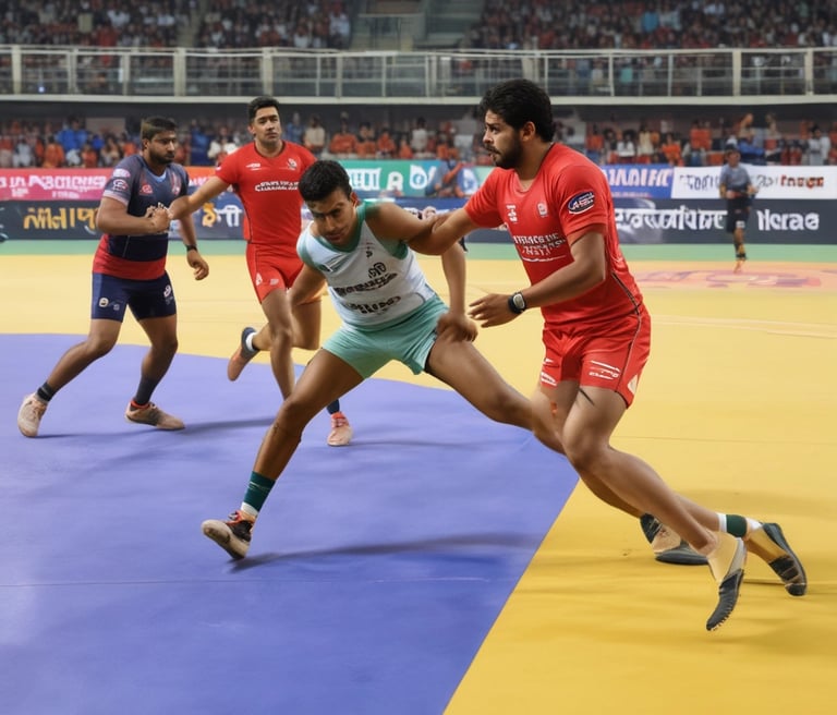 An intense kabaddi match in action with fans cheering in the background under bright stadium lights.