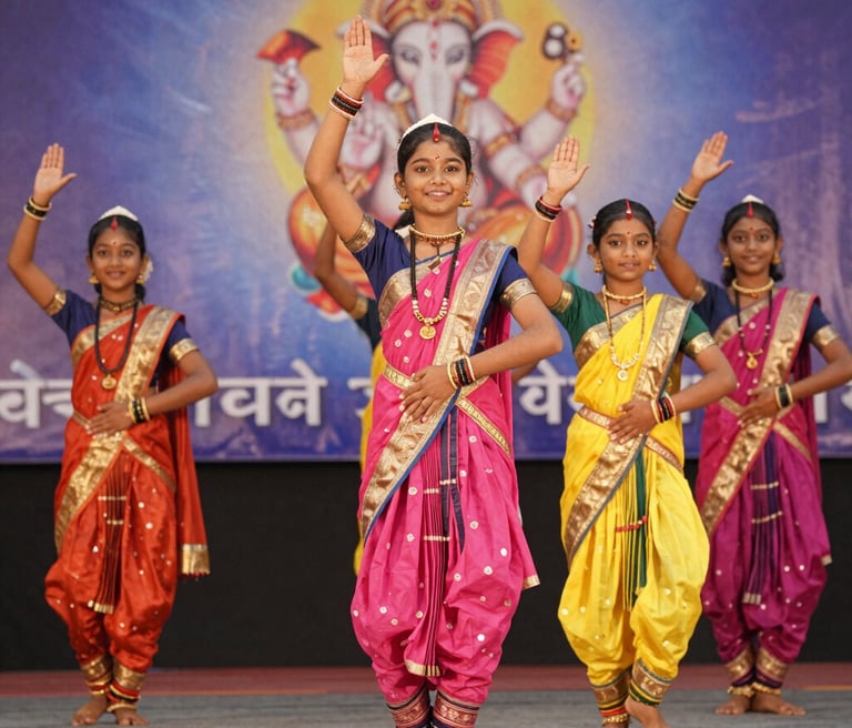 A lively group of dancers mid-performance, showcasing energy and joy in a colorful studio setting.