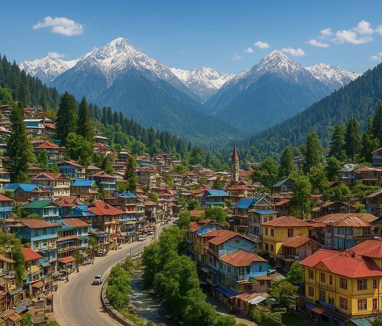 "Hillside town with colorful houses and snowy mountains."