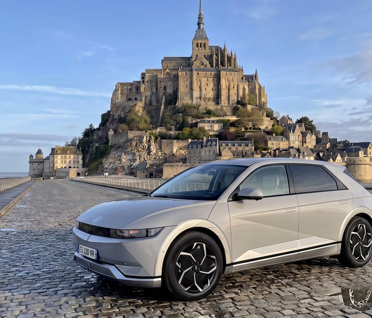 Ioniq 5 in front of Mont Saint michel