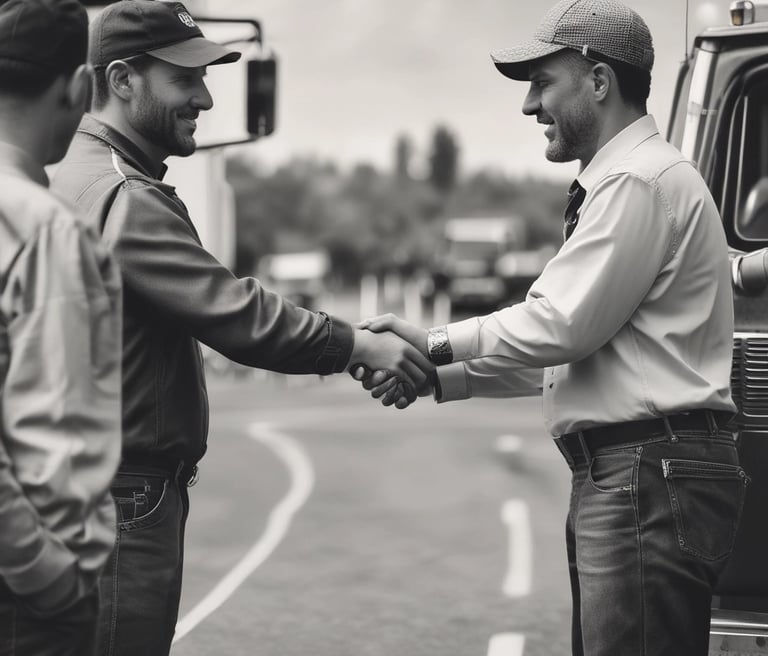 A friendly commercial truck driver shaking hands with a helpful advisor in an office setting.