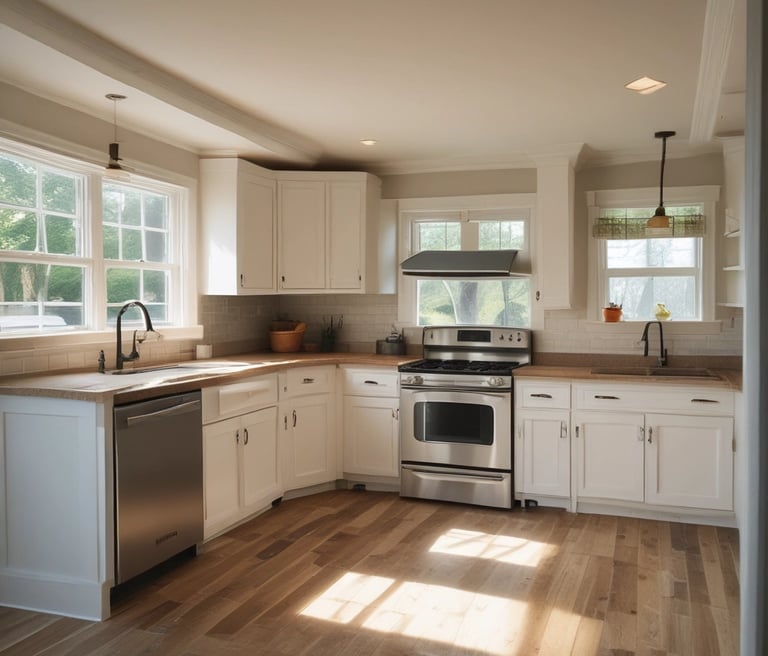 A skilled craftsman carefully painting a cozy living room wall with warm natural light streaming through the window.
