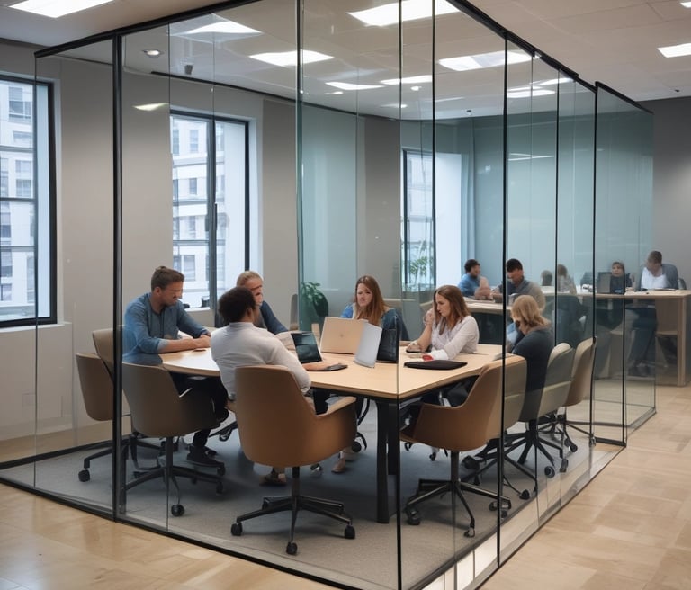 A diverse group of professionals collaborating around a table, smiling and sharing ideas.