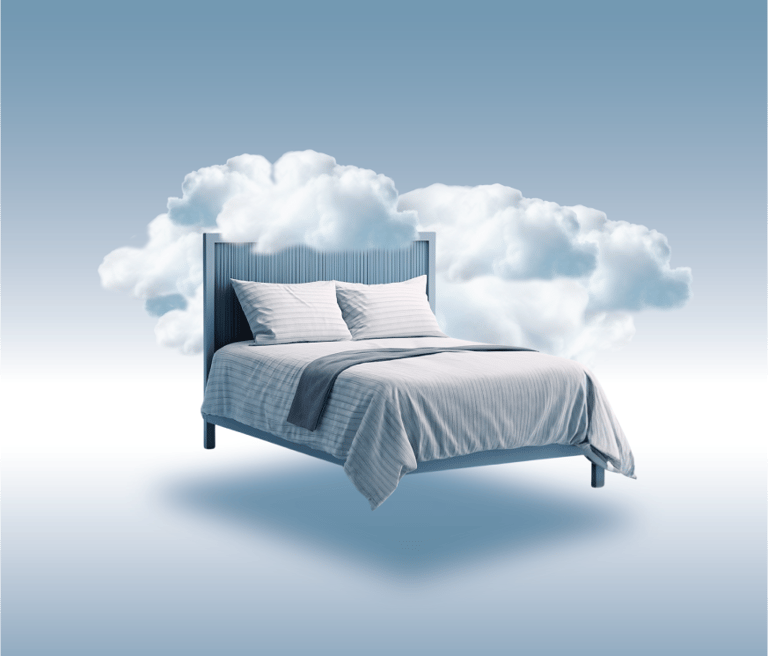 a bed with a cloud in the sky