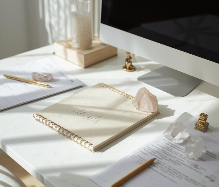 mesa com caderno, computador, luz natural