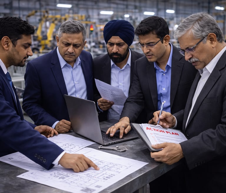 Senior manufacturing leaders reviewing risk elimination plan in factory office