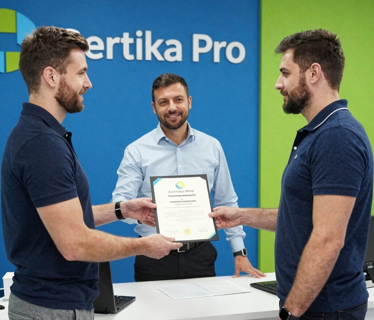 A professional woman receiving her official certification with a proud smile in a modern office setting.