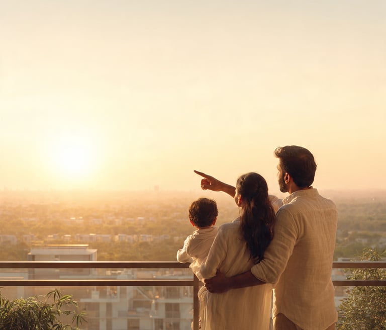 couple pointing at sky