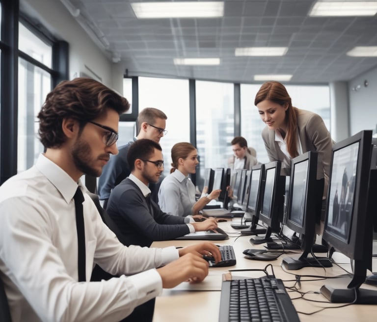 A professional team collaborating over computers in a modern office environment.