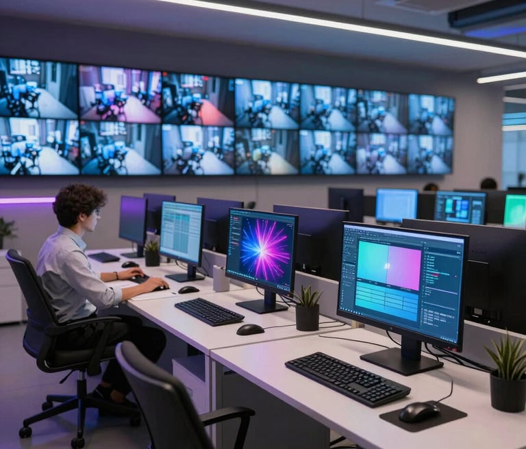 A sleek, modern office workspace with multiple screens displaying cybersecurity data and analytics.