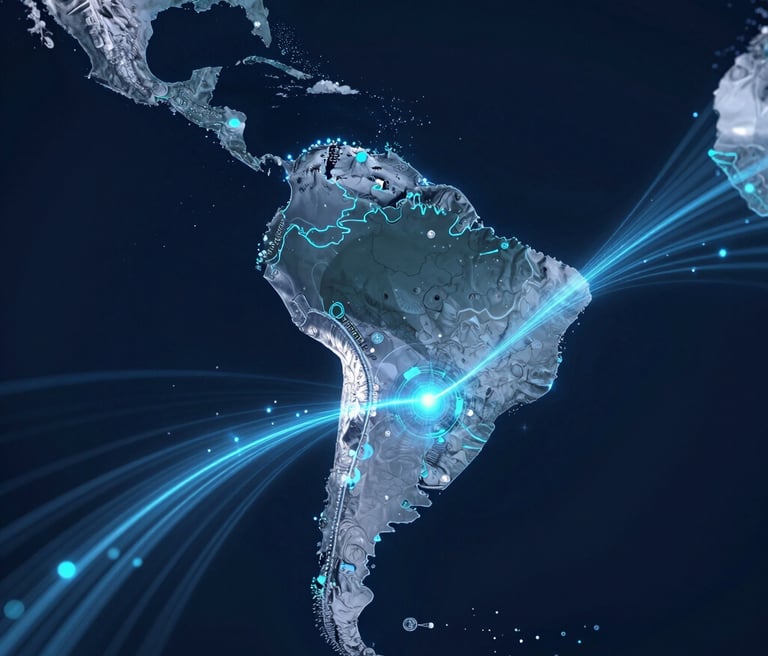 A sleek digital map highlighting Catamarca linked to the Greater Bay Area with glowing data streams symbolizing health data exchange.