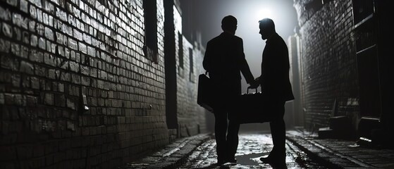 Two men in silhouette exchange a briefcase in a dark, atmospheric brick alleyway.