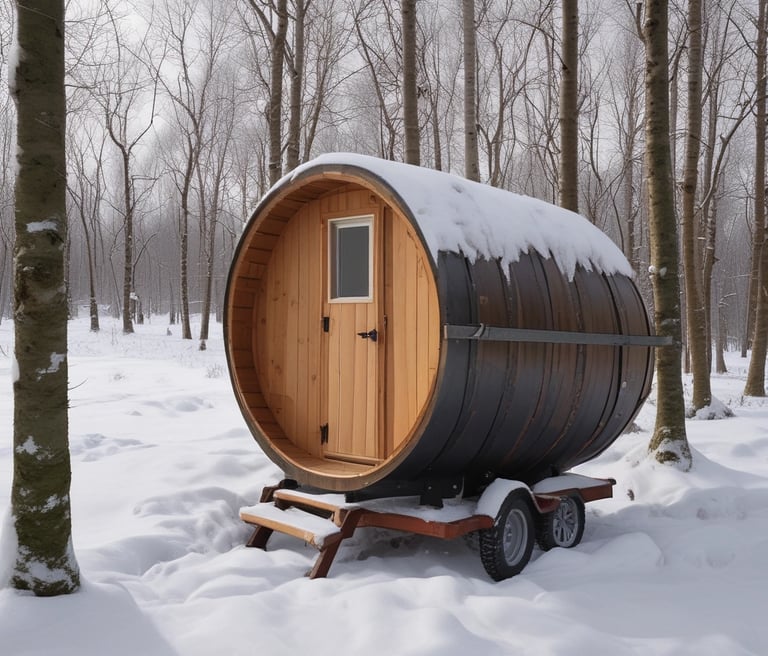 A cozy wooden barrel sauna set up outdoors with soft glowing lights in the evening.