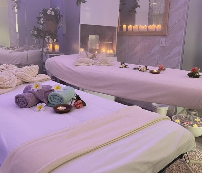 a couple of beds in a room with candles, spa, bienestar