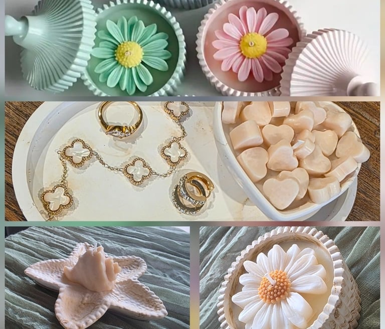 custom colours, trinkets, soy wax, floral decor, candles