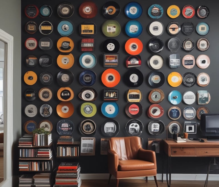 A cozy music studio with mixing equipment, instruments, and a wall decorated with artist posters.