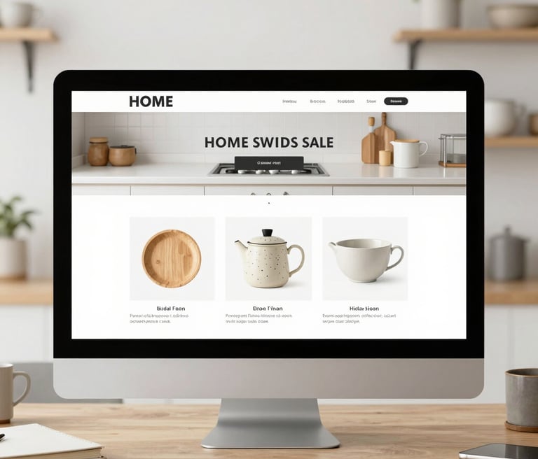 A cozy kitchen scene featuring rustic wooden shelves with neatly arranged artisanal kitchenware bathed in soft natural light.