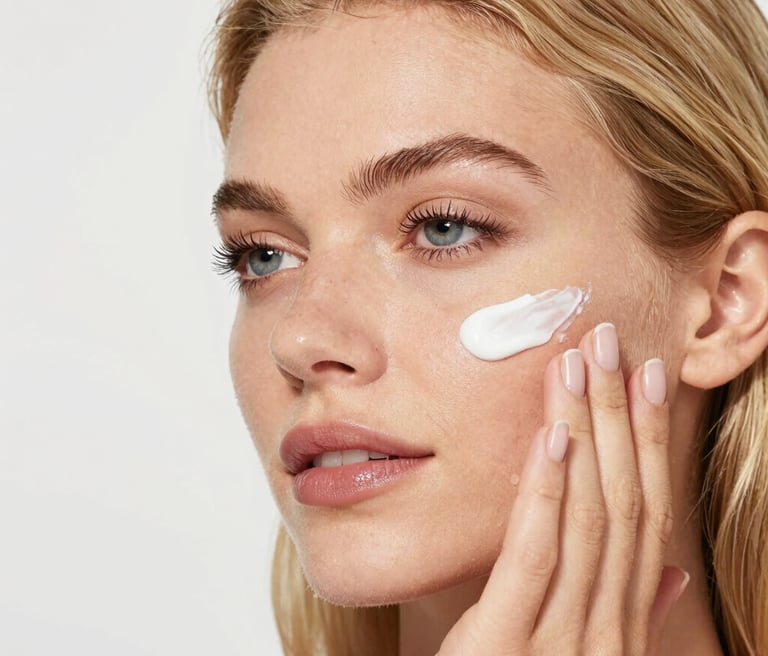 A serene beauty salon interior with soft beige and green tones, featuring elegant makeup stations and calming natural decor.