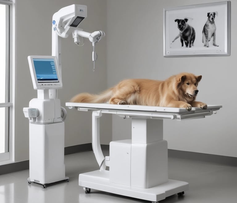 A portable 5kw X-ray machine positioned in a clinical setting with a technician preparing a scan.