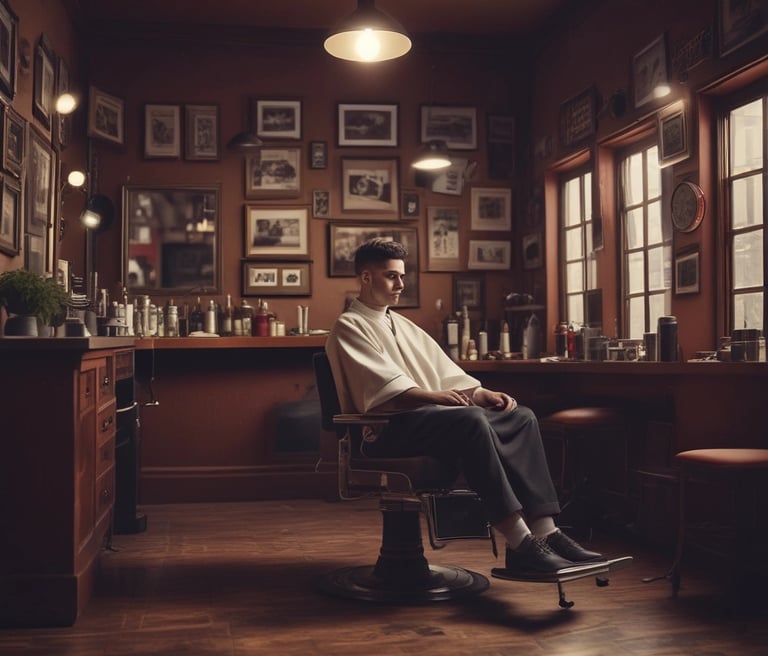 A sleek barbershop interior featuring red, black, white, and gray tones with a barber at work.