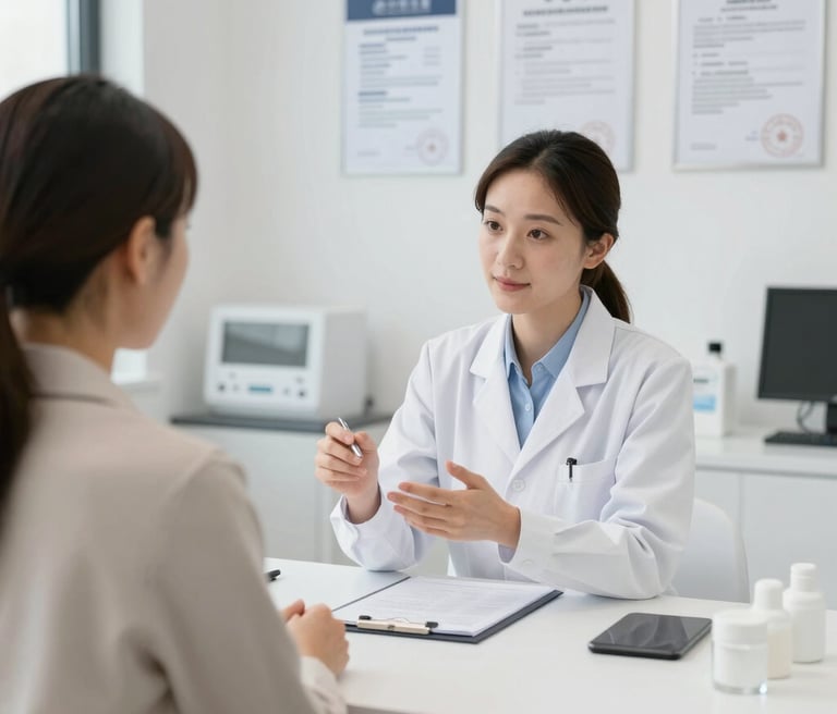 A welcoming dermatologist gently consulting with a smiling patient in a bright, modern clinic room.