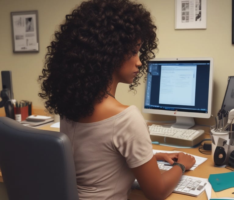 A warm, welcoming portrait of Lex Lopez at a desk organizing business documents with a calm, focused expression.