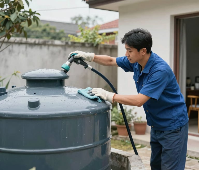 A professional team cleaning a large water tank with modern equipment under bright daylight.