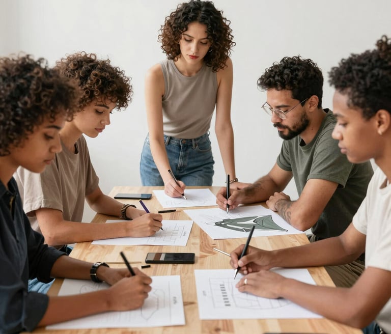 A diverse group of artists and designers collaborating around a table with fabric samples and sketches.