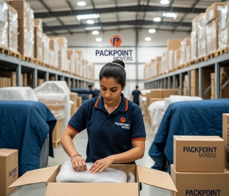 Professional female packer using bubble wrap for secure shipping in a Packpoint Movers logistics warehouse.