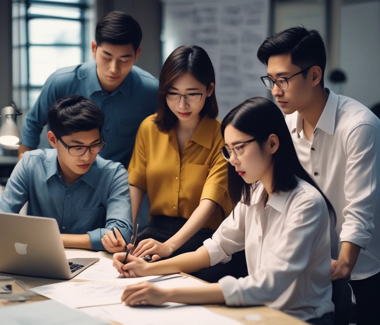 A friendly team collaborating around a laptop, with olive green and warm cream accents in a modern office setting.